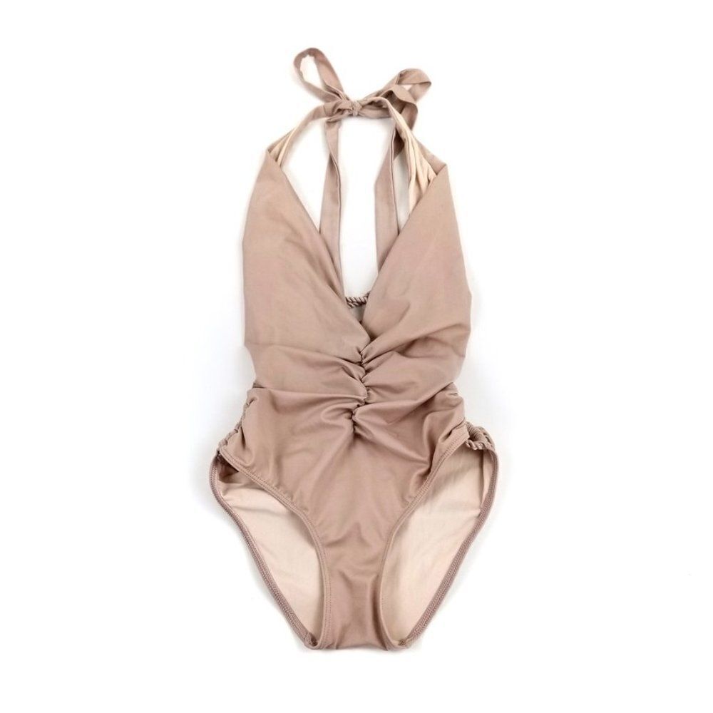 HAH Hot As Hell In A Ruch Halter Monokini One Piece Swimsuit Champagne Womens XS